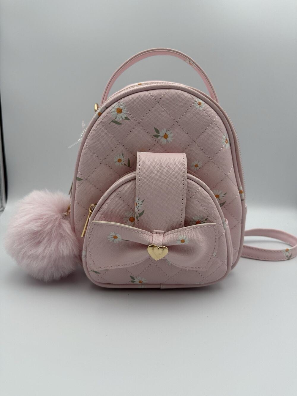 Under One Sky Pink Floral Quilted Convertible Mini Backpack Purse Pom Pom NWT